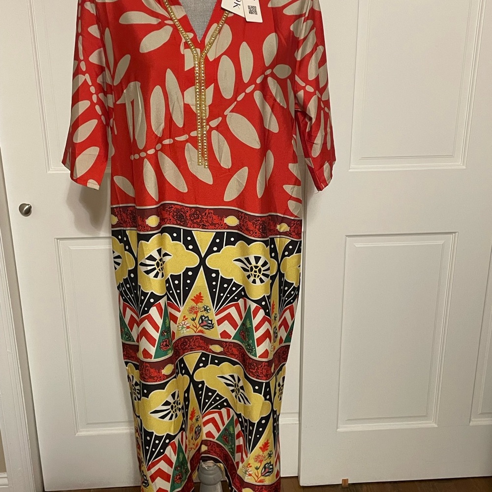 STYLEWE Orange and White Resort Midi Dress with Dolman Sleeves